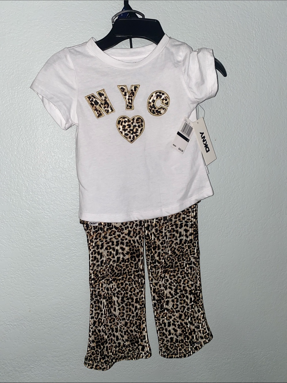 DKNY White Tee & Leopard Print Pajama Set - White, Brown, Black